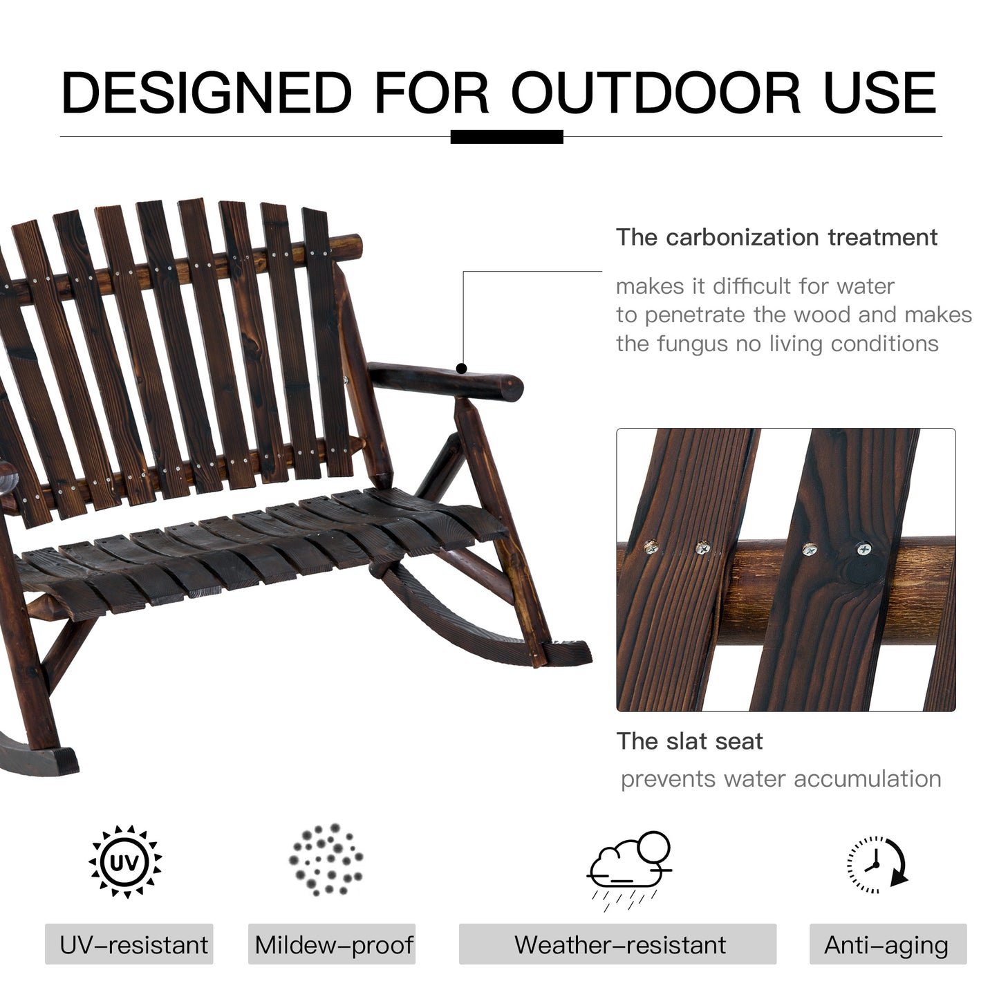 Wooden Adirondack Rocking Chair - Carbonized Outdoor Seating