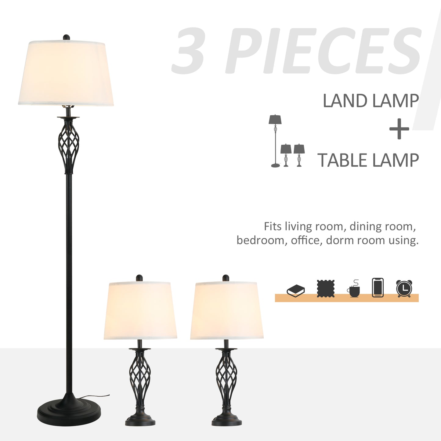 3-Piece Floor and Table Lamp Set with Metal Poles and Fabric Shades for Living Room - Black/White