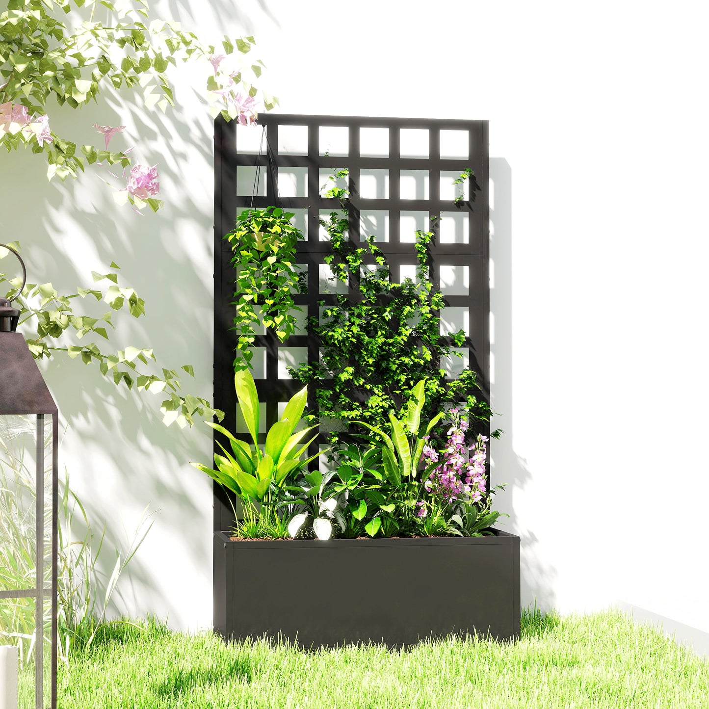 Galvanized Steel Raised Garden Bed with Trellis for Climbing Plants, 24x9x44.5 Inches, Black
