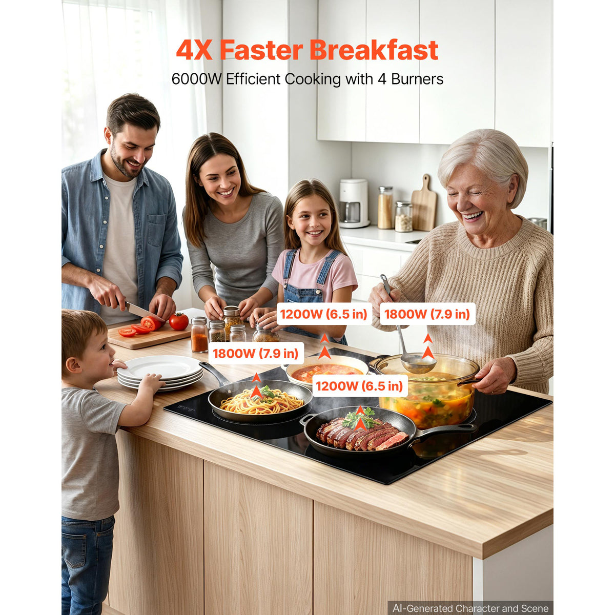 24-Inch Electric Cooktop with 4 Burners 6000W, Ceramic Built-In Stove, 11 Power Levels