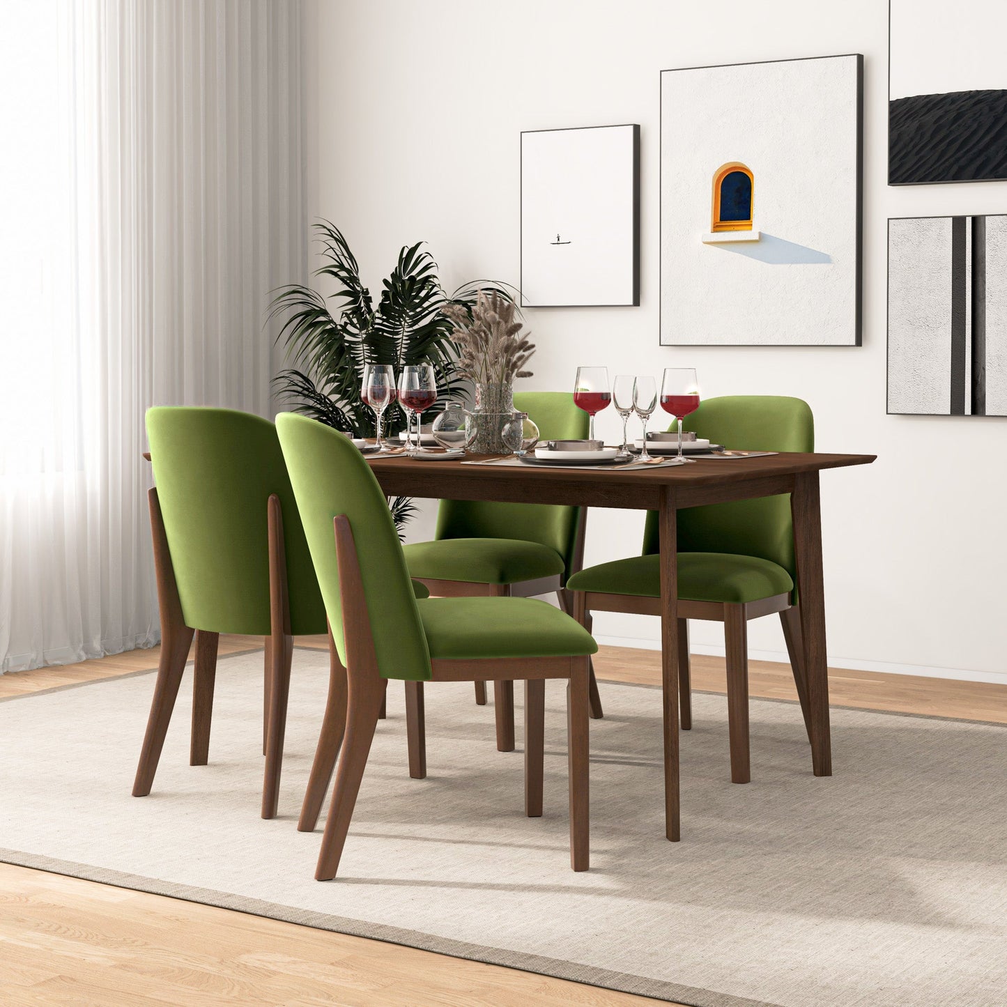 Kaitlyn Mid-Century Modern Green Velvet Dining Chair Set Of 2 With