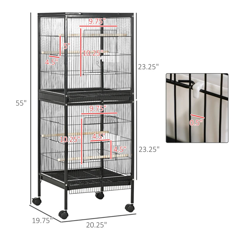2-in-1 Bird Cage Aviary with Wheels for Finches and Parakeets, Black