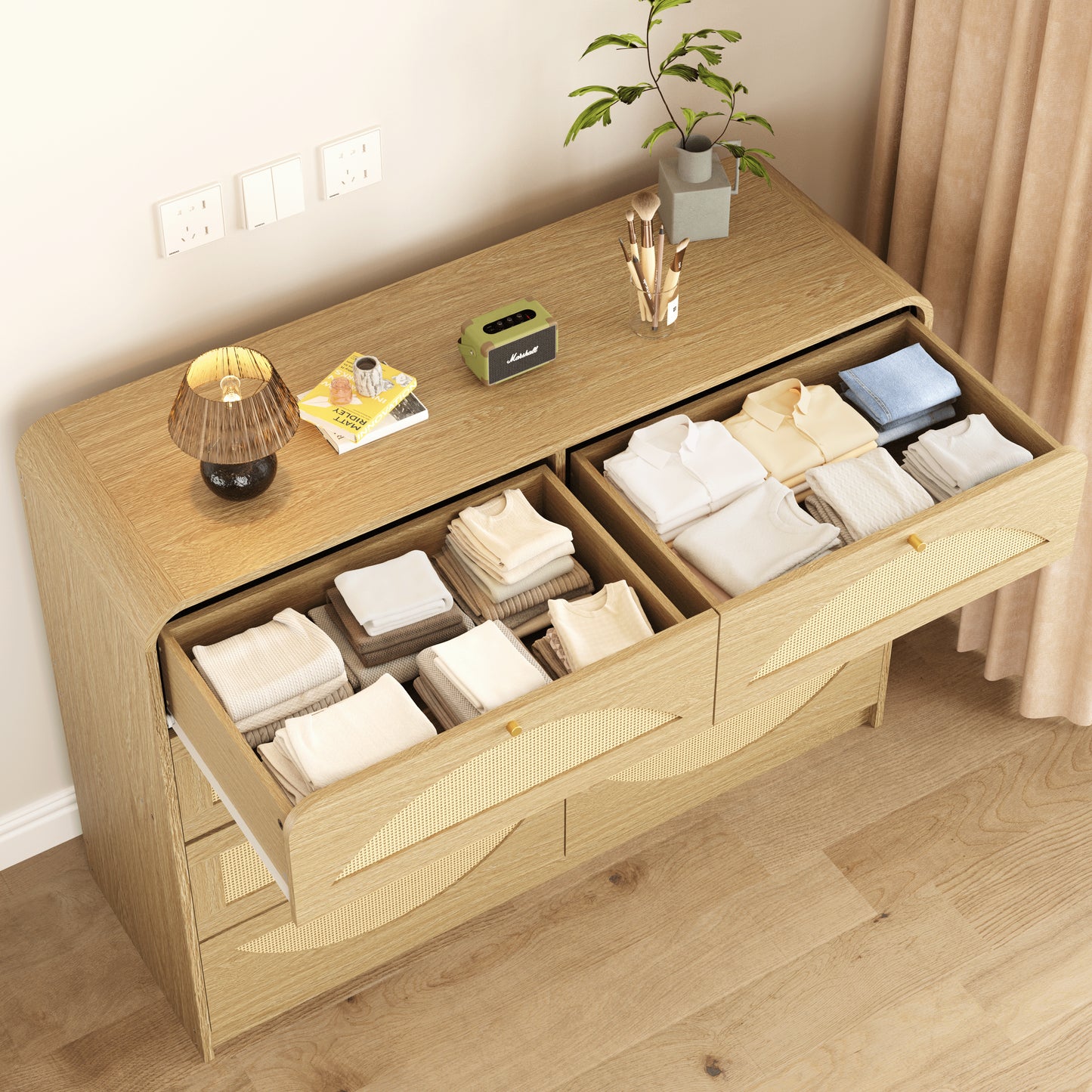 Natural 8-Drawer Dresser with Rattan Front - Wide Storage Cabinet