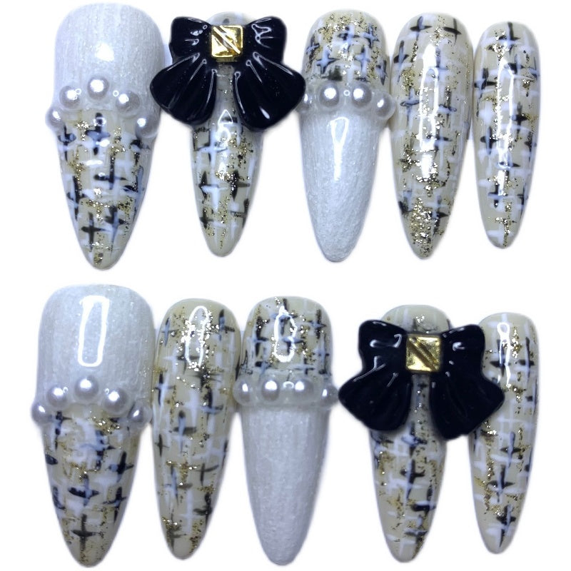 Tweed Bow Nail Art Press-On Set - Multiple Sizes