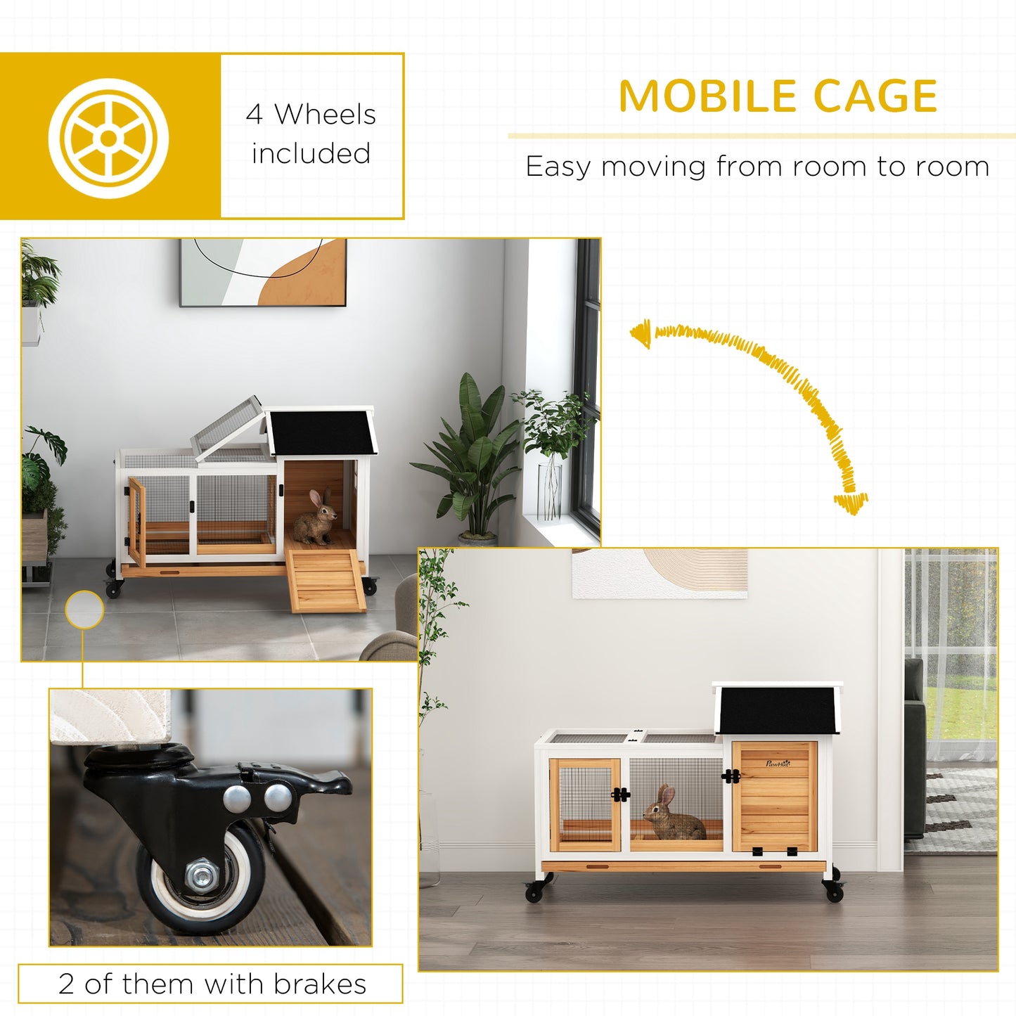 Wooden Rabbit Hutch with Wheels and Run for Small Animals - Yellow