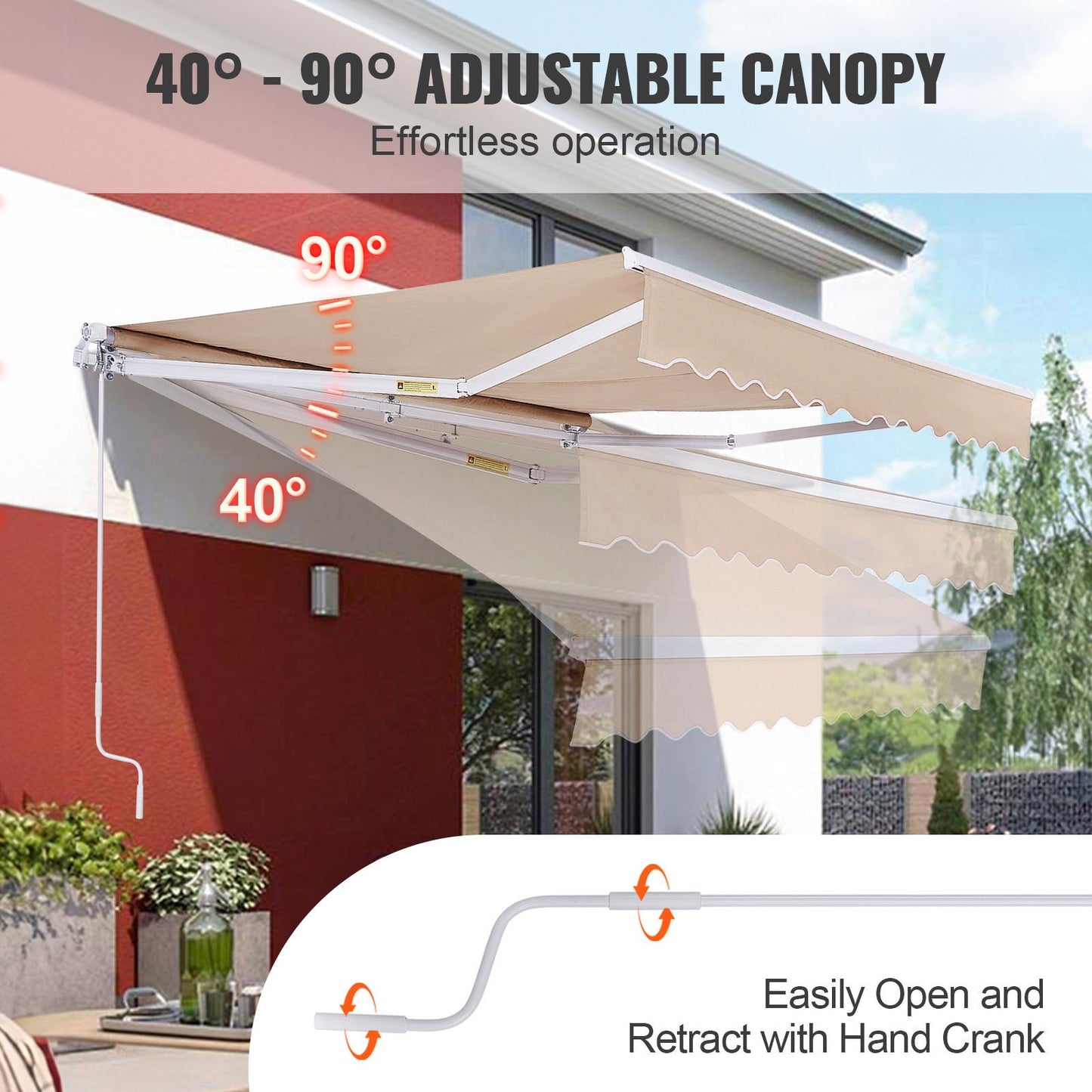 13x8 Ft Manual Retractable Patio Awning Sun Shade Water-Resistant Polyester