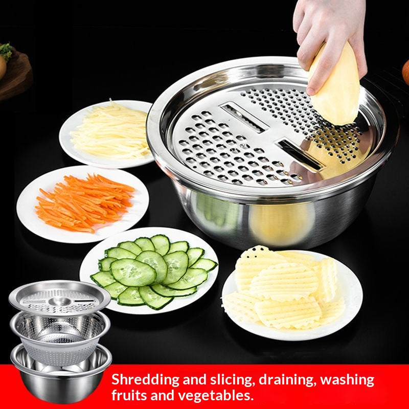3-in-1 Vegetable Chopping Set Stainless Steel Grater and Wash Basin - Multiple Sizes