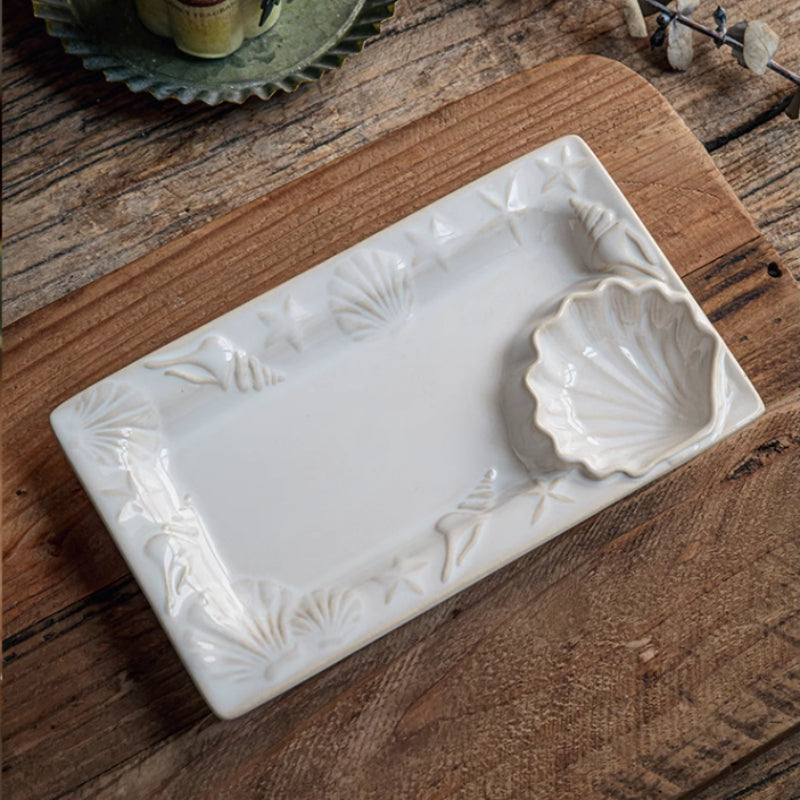 Embossed Shell Ceramic Dumpling Plate with Vinegar Dish - 7.5 Inch Rectangular Dinnerware