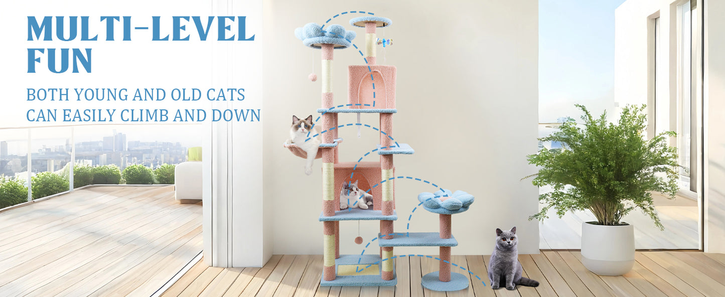 71-Inch Cat Tree with Large Condo, Removable Flower Cushion & Hammock - Blue