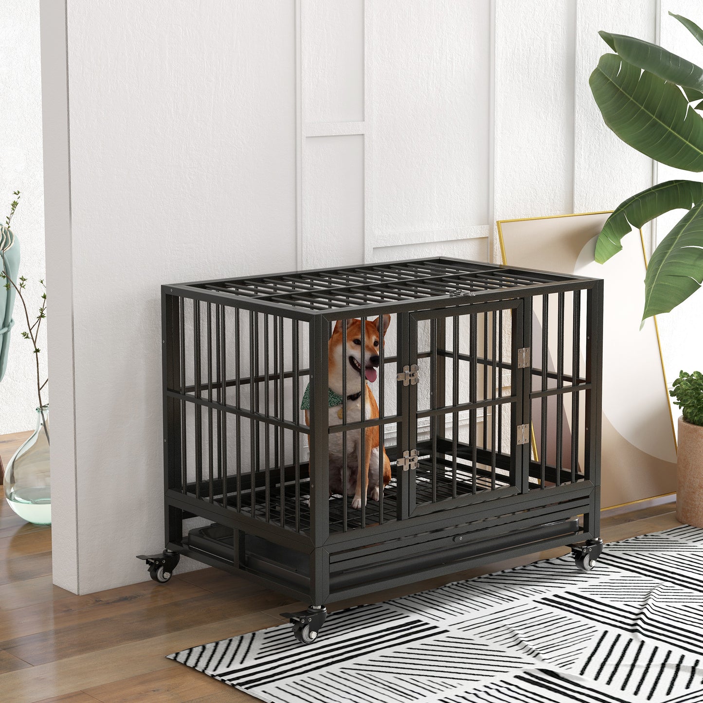 36-Inch Heavy Duty Metal Dog Crate with Lockable Wheels & Removable Tray