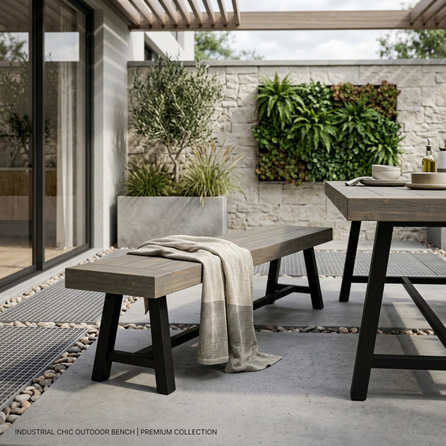 Acacia Wood Outdoor Patio Bench - Grey and Rustic Metal