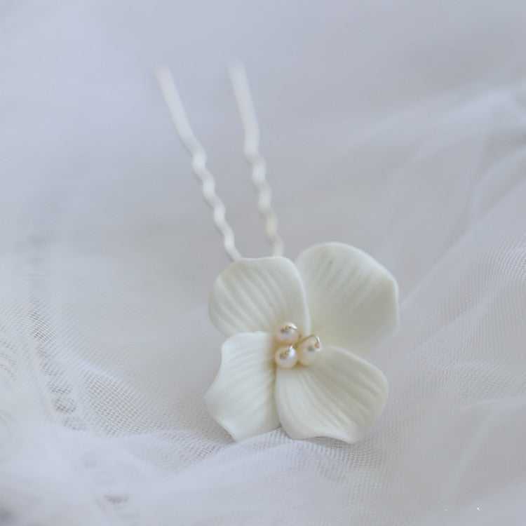 White Ceramic Flower Hair Fork - Handmade
