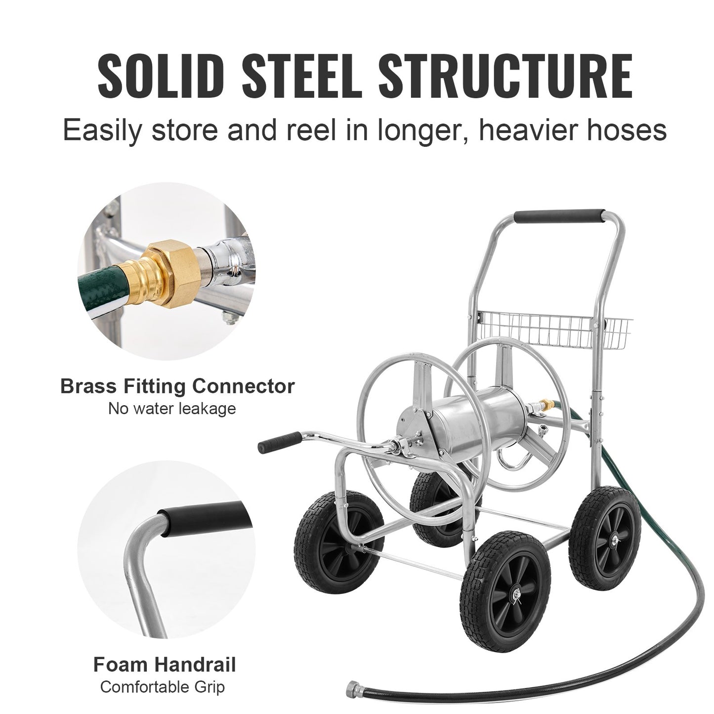 Garden Hose Reel Cart 300 Ft Capacity Heavy Duty Steel Outdoor Water Hose Storage Grey
