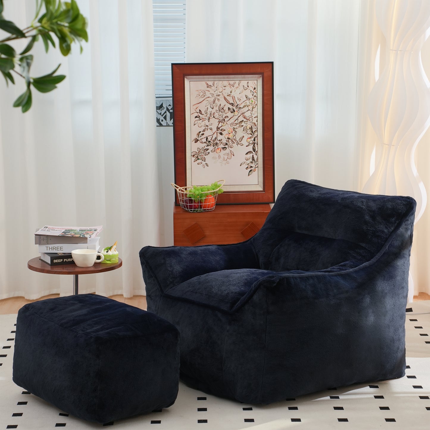 Navy Blue Faux Fur Bean Bag Chair - Comfy Foam Sofa for All Ages