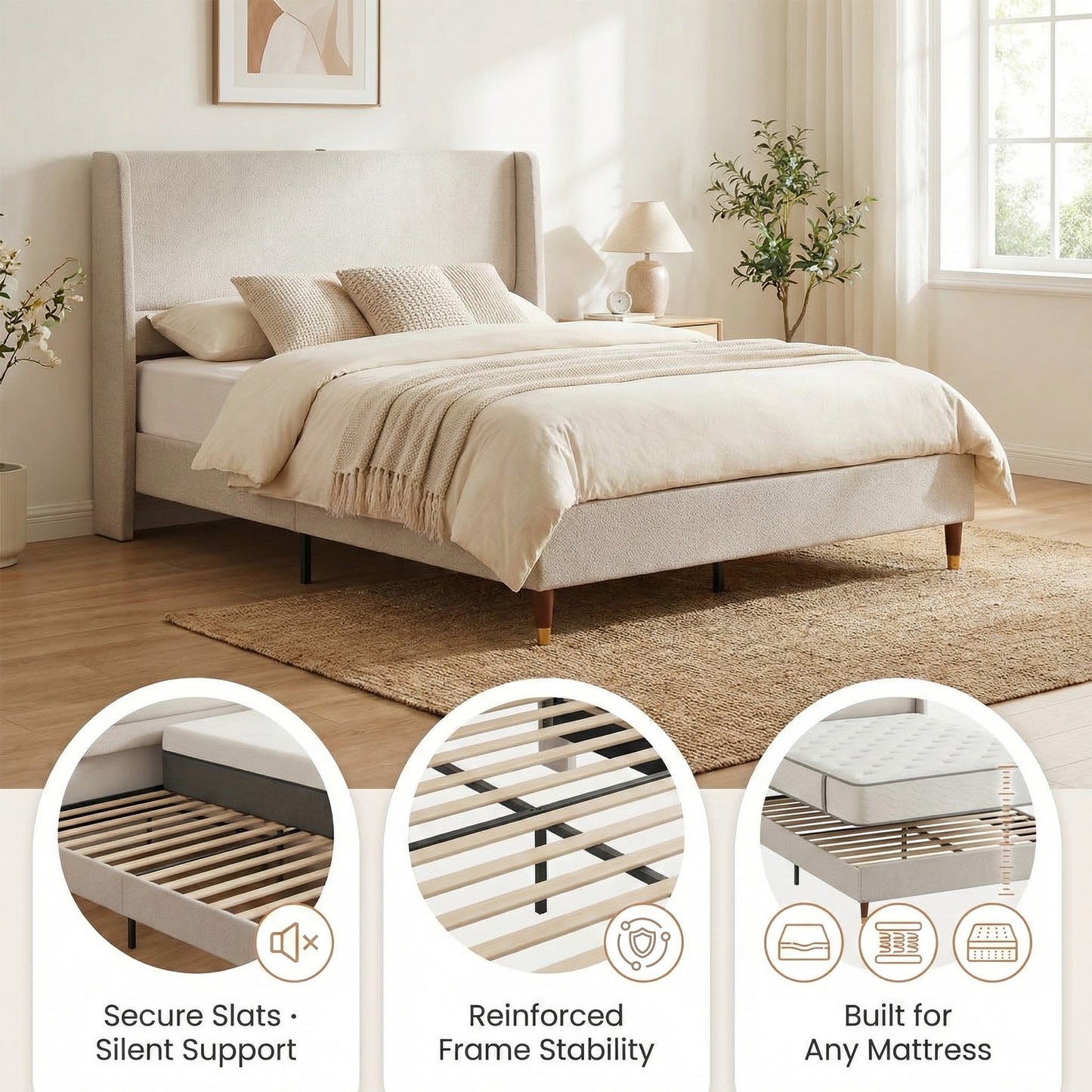 Queen Size Upholstered Bed Frame with USB Ports - Grey