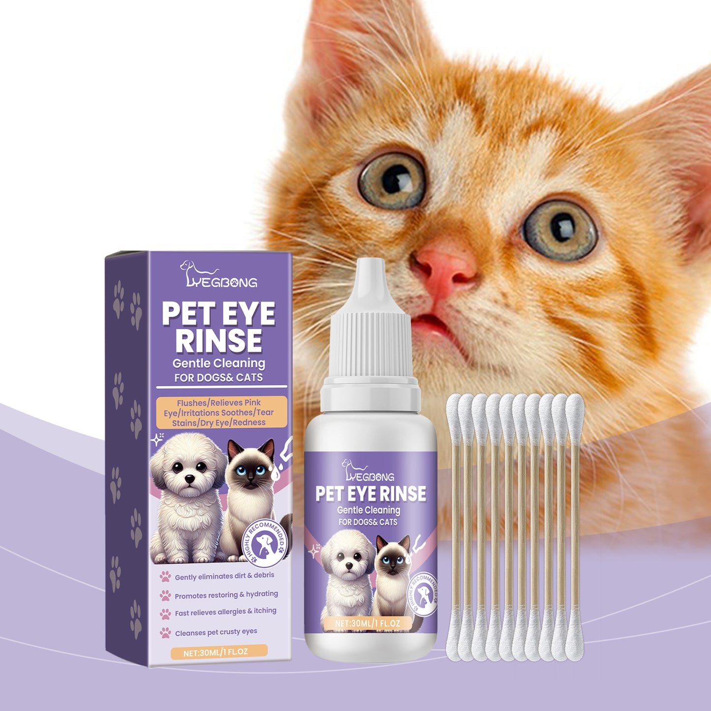 Pet Eye Rinse Solution for Dogs & Cats with Hyaluronic Acid & Honeysuckle 30ml + Cotton Swabs
