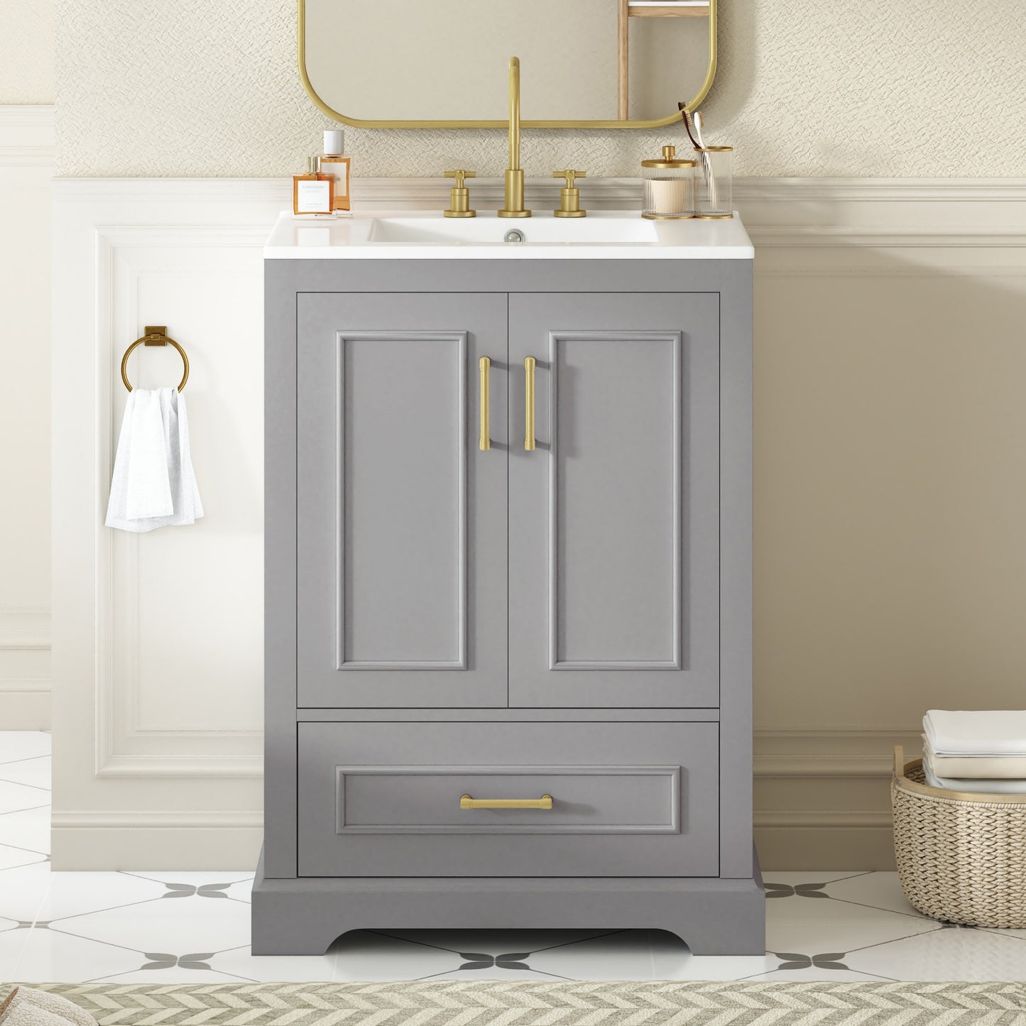 24" Gray Bathroom Vanity with Sink, MDF Cabinet & Soft Close Doors