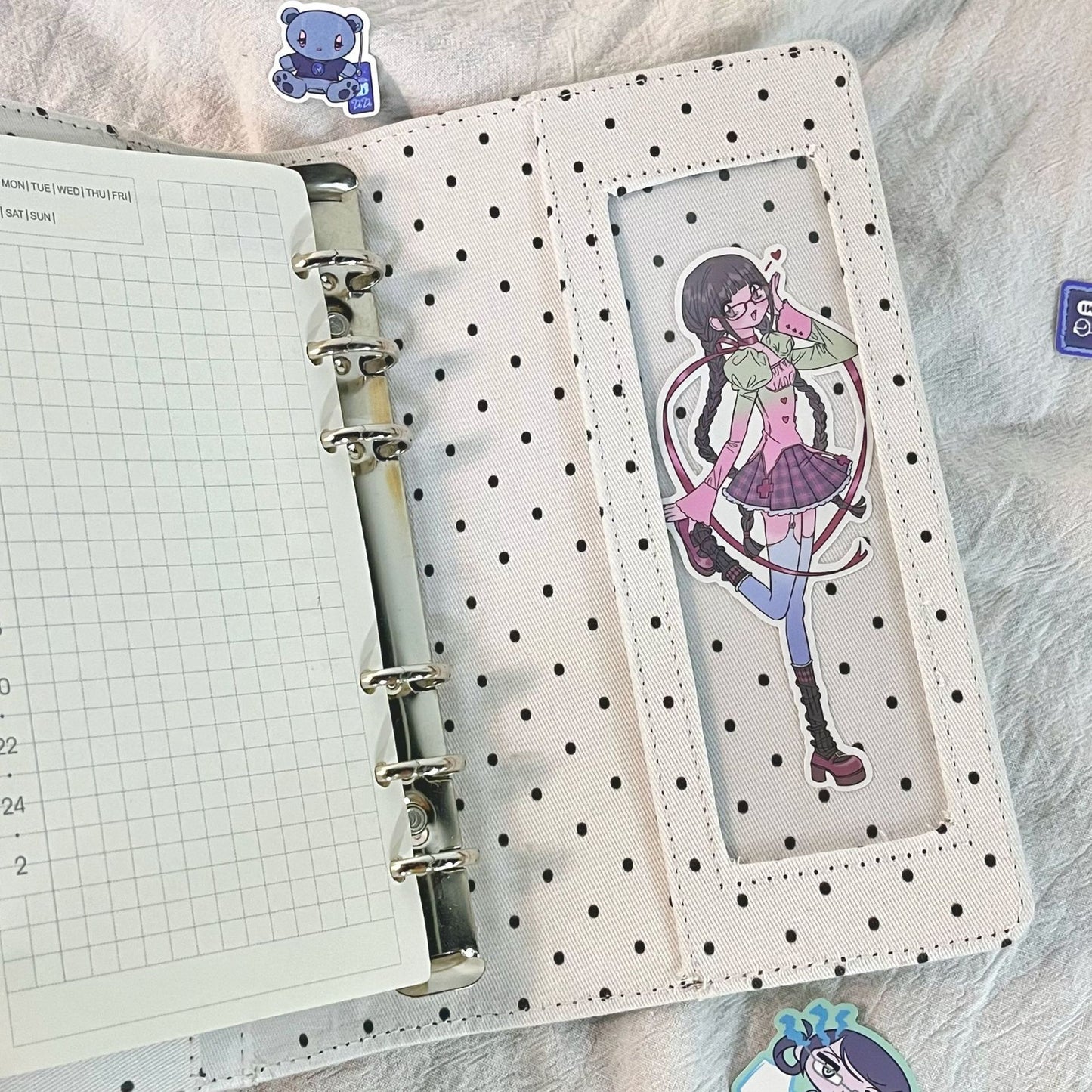 Korean-Style Polka Dot Fabric A6 Notebook - Loose Leaf, Creative Design