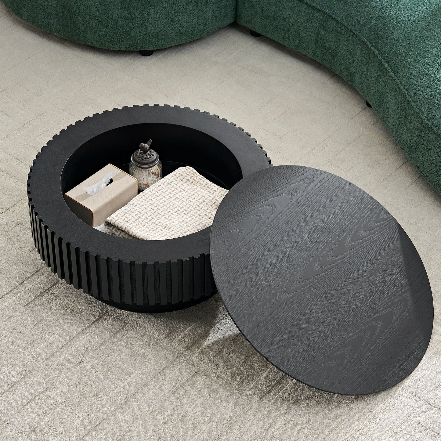 Nesting Round Wood Coffee Table with Storage - Matt Black