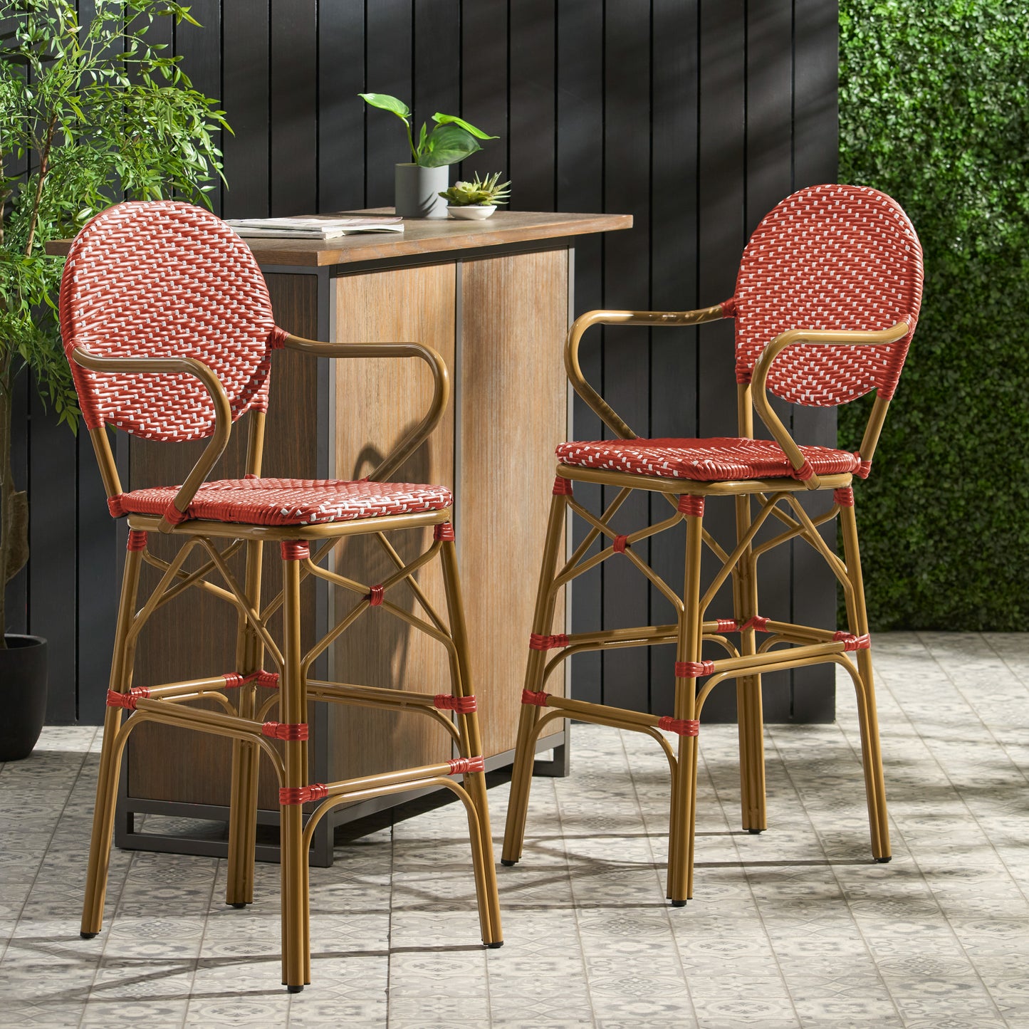 Outdoor Wicker And Aluminum 29.5 French Barstools, Set Of 2, Red,