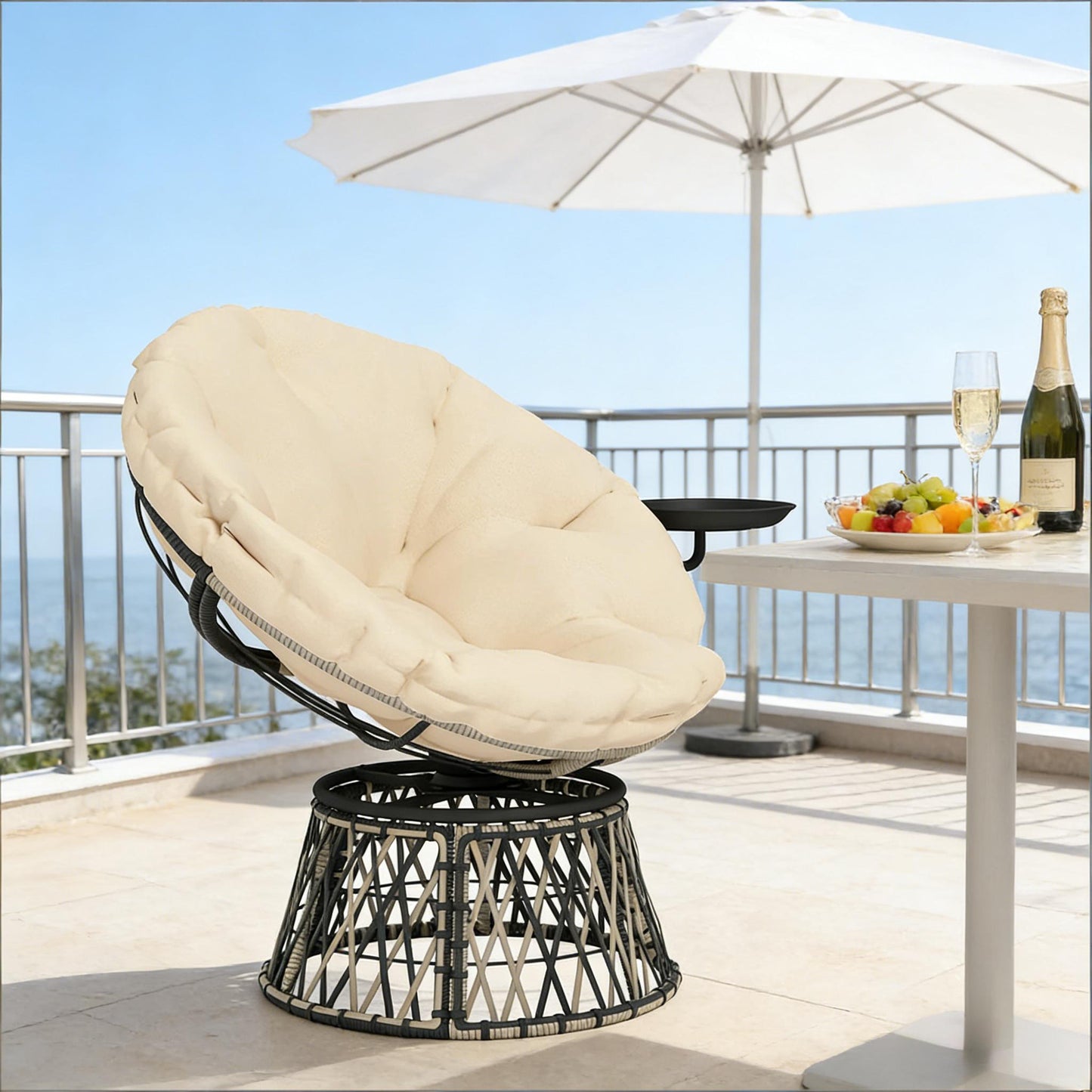 Swivel Papasan Chair - Outdoor Seating with Side Tray - Beige & Dark Gray