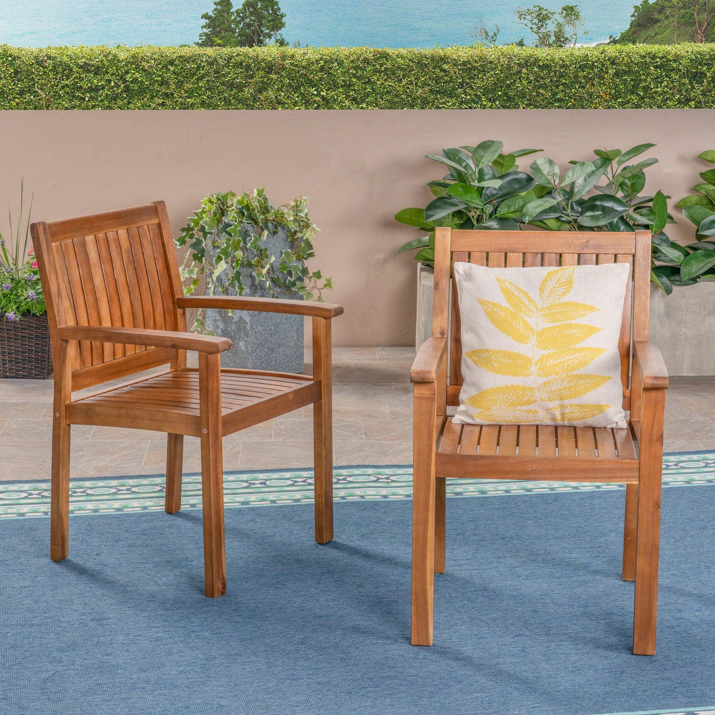 Set of 2 Teak Acacia Wood Dining Chairs - Rustic Design