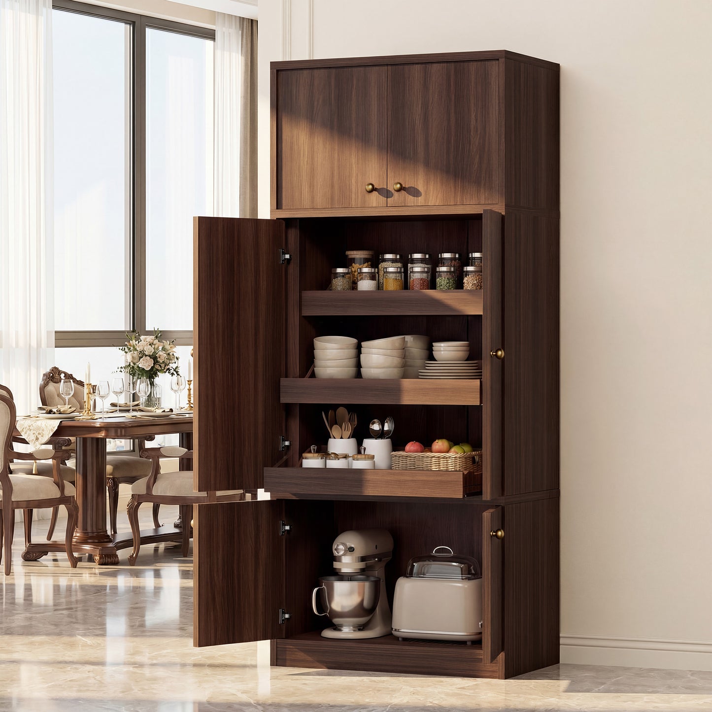 Tall Kitchen Pantry Cabinet - 71 Inch Freestanding Storage with Adjustable Shelves, Walnut Finish