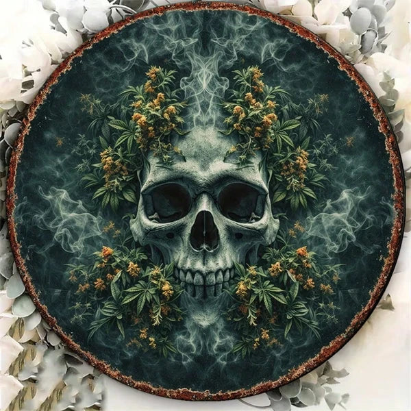 Vintage Gothic Skull & Flowers Metal Sign - 8x8 Inch