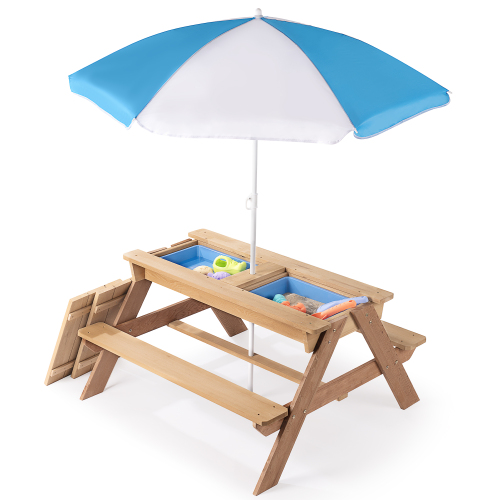 3-in-1 Kids Outdoor Wooden Picnic Table with Umbrella & Sand/Water Kettle
