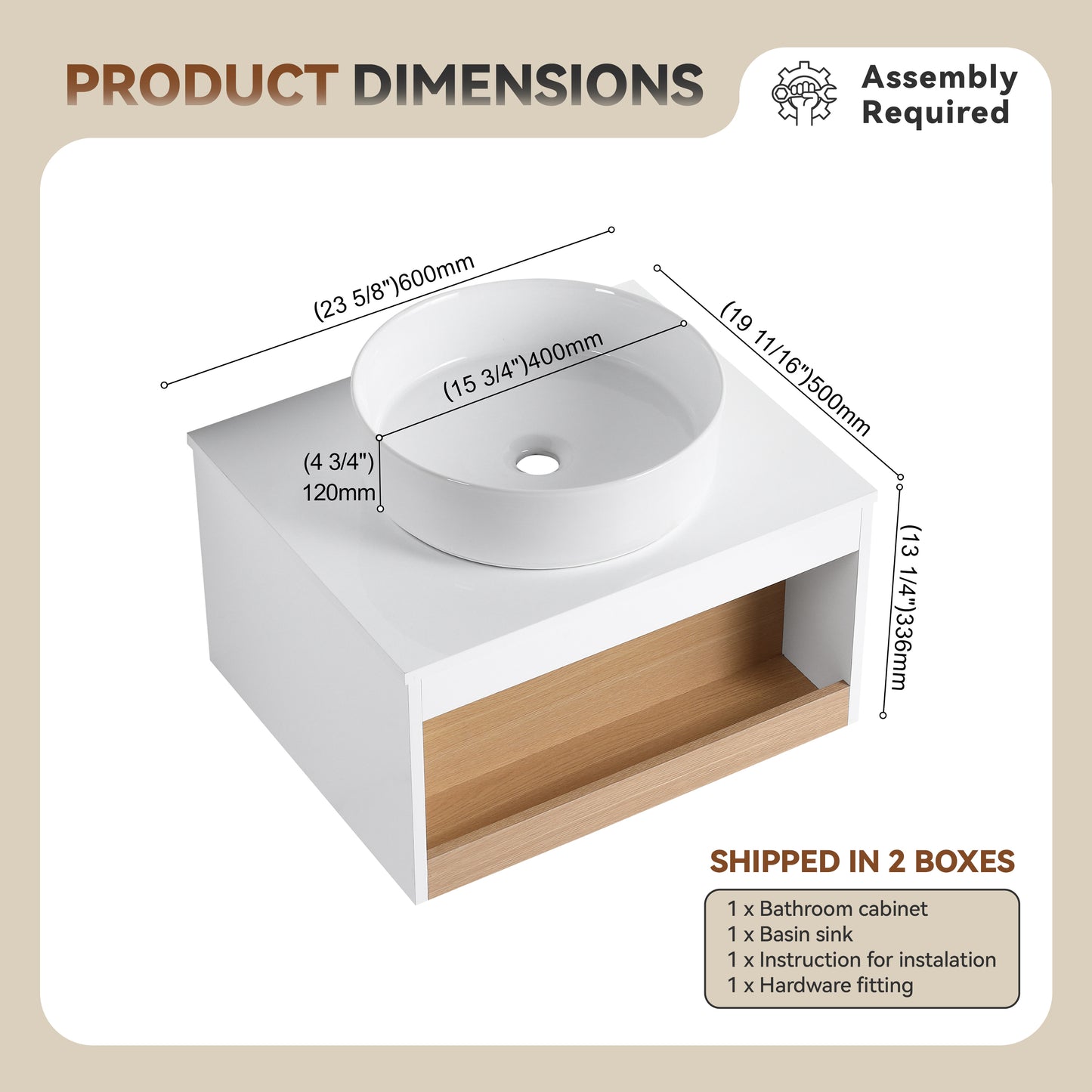 24" Wall-Mounted Bathroom Vanity with Open Shelf - White & Light Oak