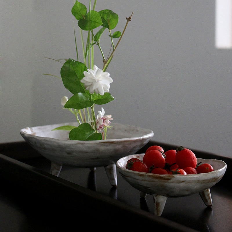 Stoneware Three-Legged Food Plate - Antique Ceramic Fruit Dish, Zen Dim Sum