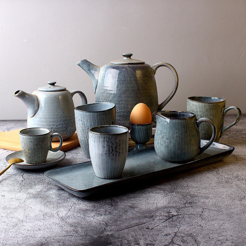 Vintage Ceramic Mug and Kiln Baked Kettle Set - Hand-Painted Porcelain