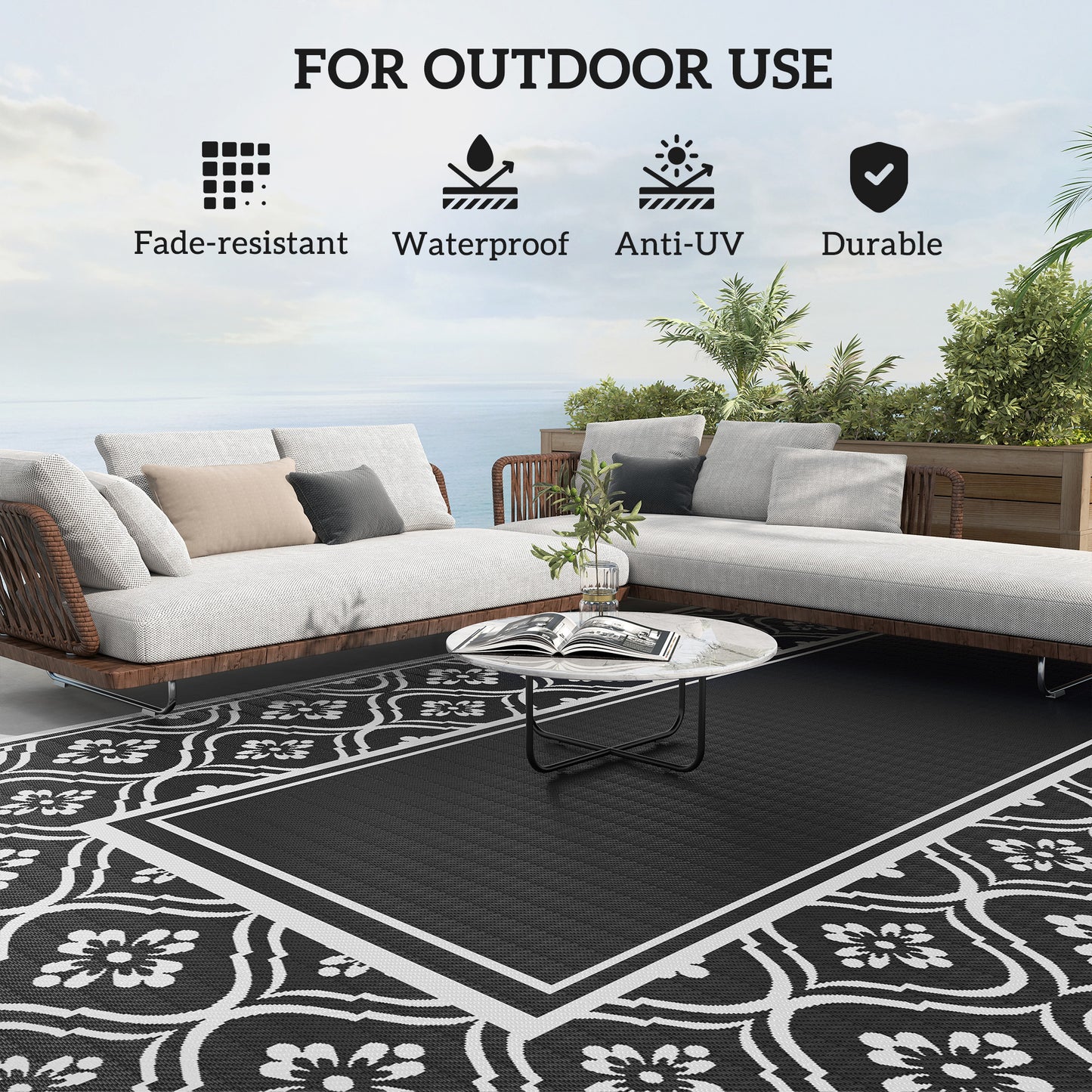 Reversible Outdoor Rug - Waterproof Plastic Straw, 9' x 18', Black & White Gourd Border