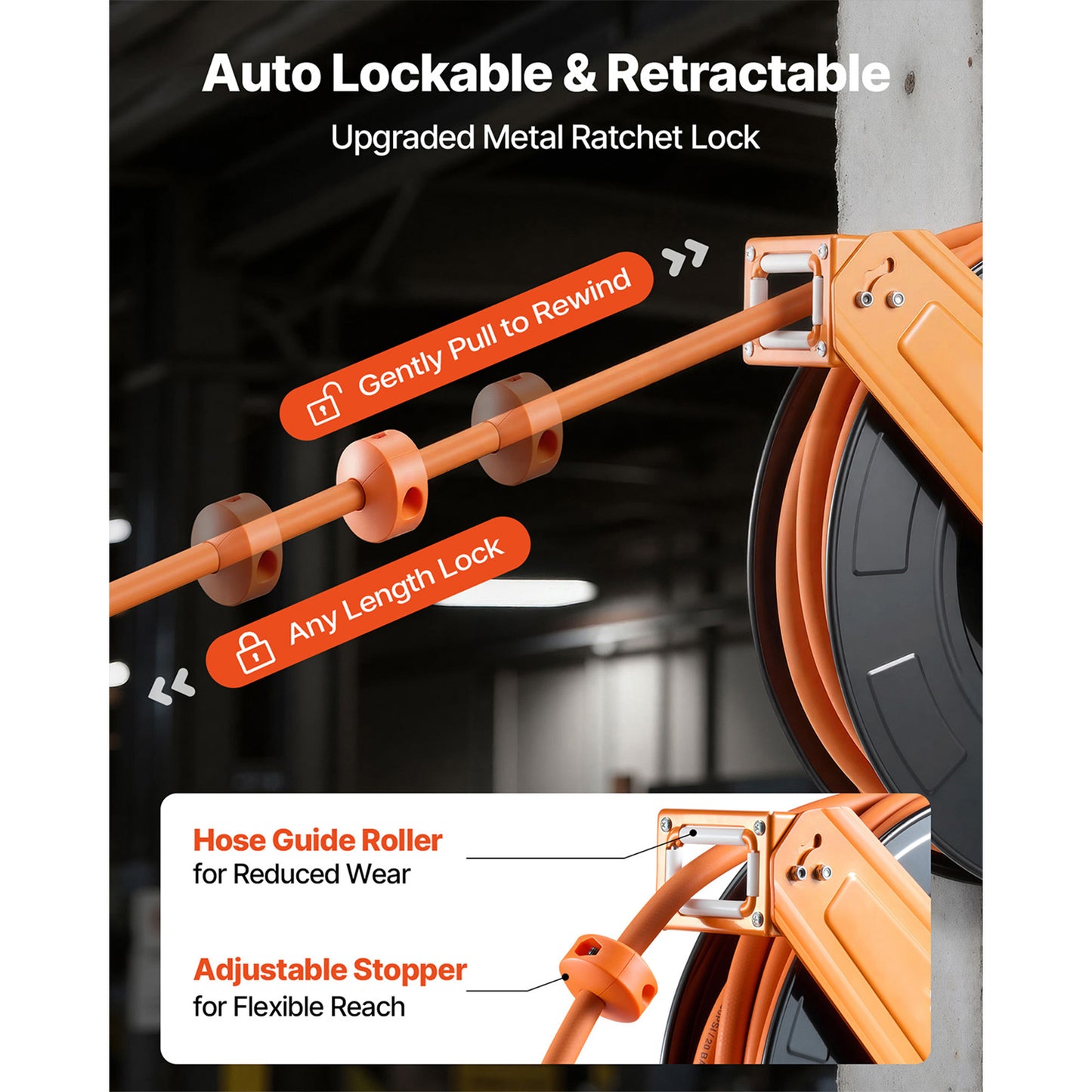 Retractable Air Hose Reel 1/2 Inch x 65 ft Rubber Air Compressor Hose Max 300 PSI Ceiling Wall Mount