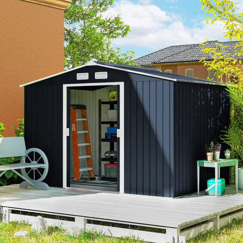 Outdoor Metal Storage Shed 9x6 ft with Foundation Kit - Weatherproof Garden Tool Storage