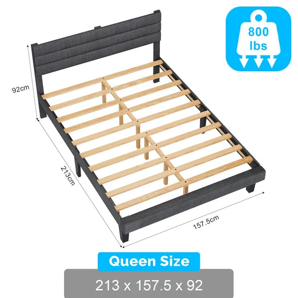 Queen Size Dark Gray Tufted Platform Bed Frame - Linen Upholstery