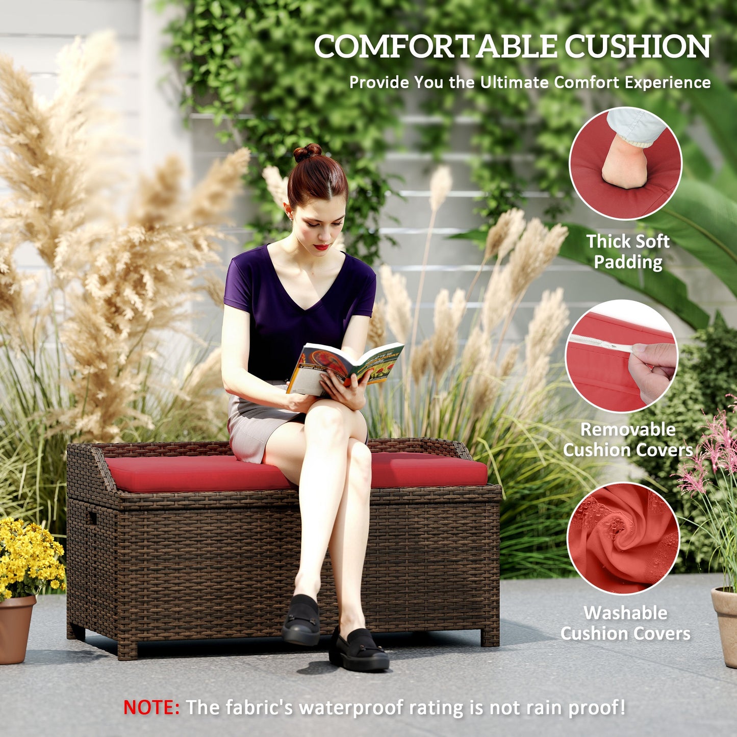 Outdoor Storage Bench with Cushion - Red Wicker Design