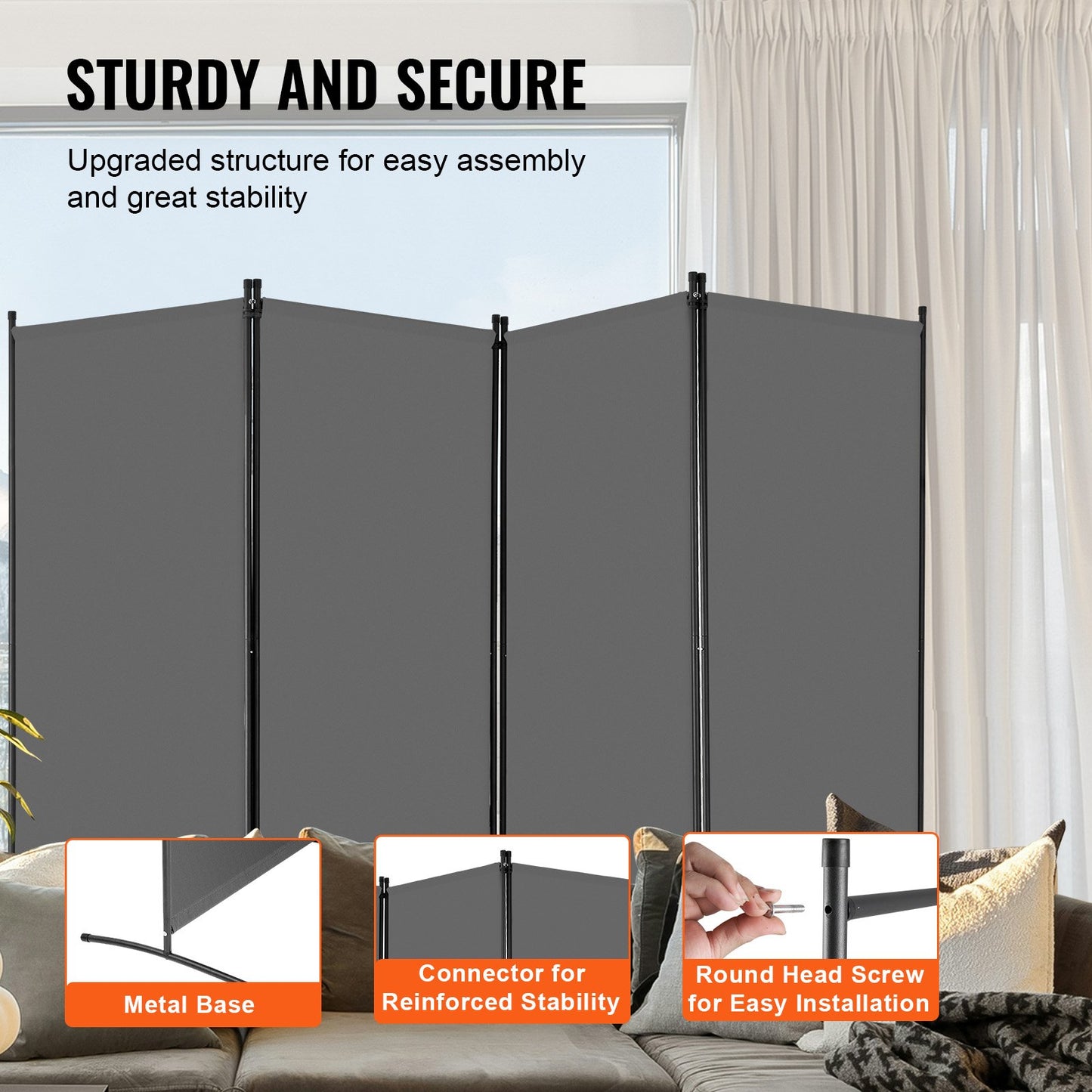 4 Panel Folding Room Divider - Portable Privacy Screen, Grey