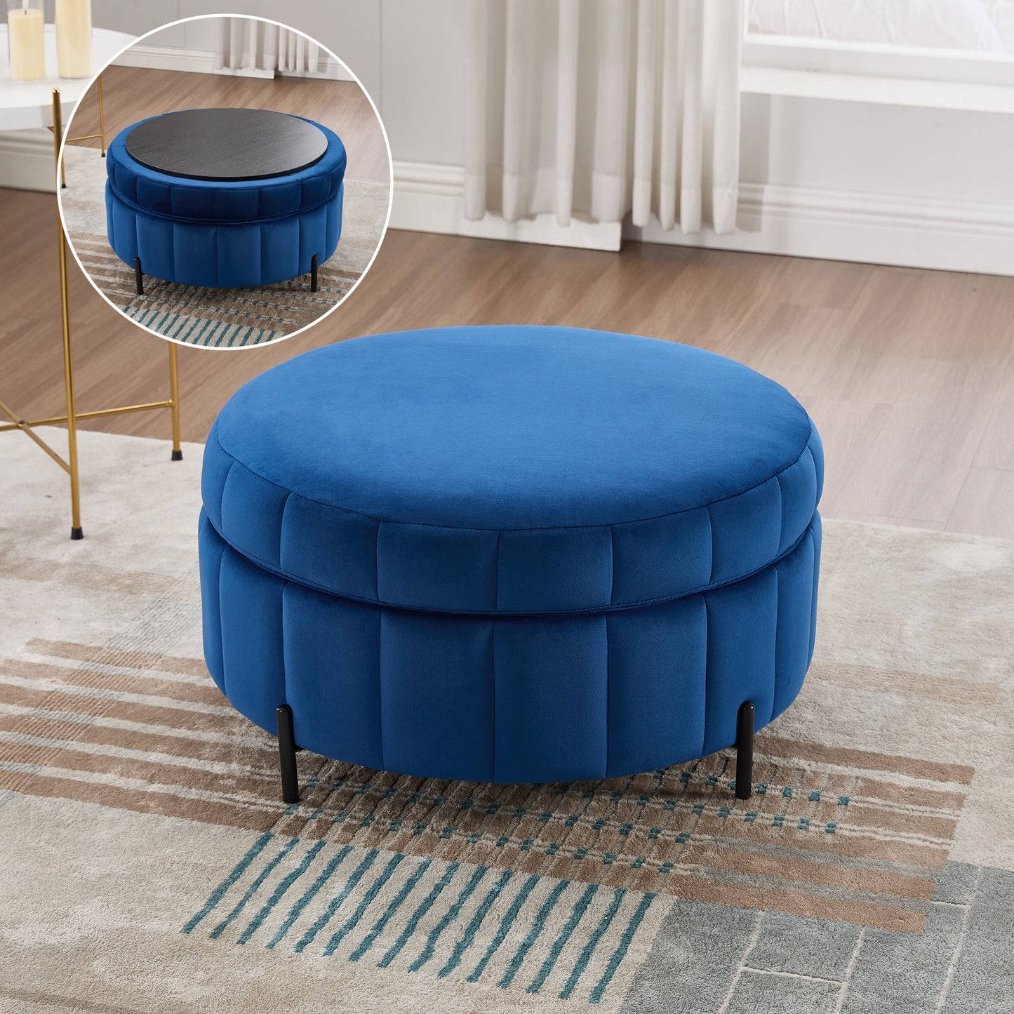 Upholstered Round Ottoman with Reversible Lid - Navy Velvet Storage Stool