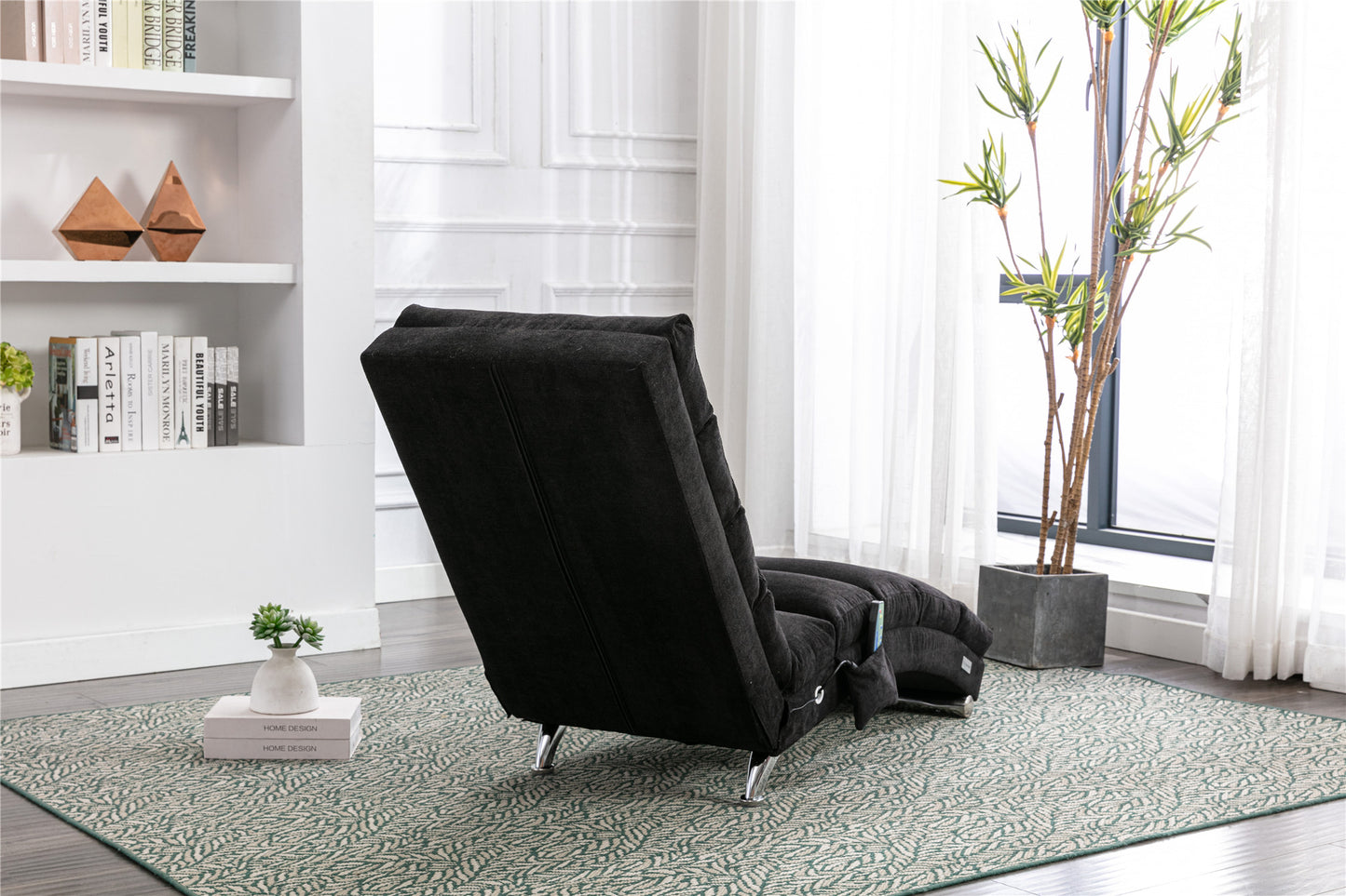 Luxury Upholstered Chaise Lounge Chair with Vibration - Black