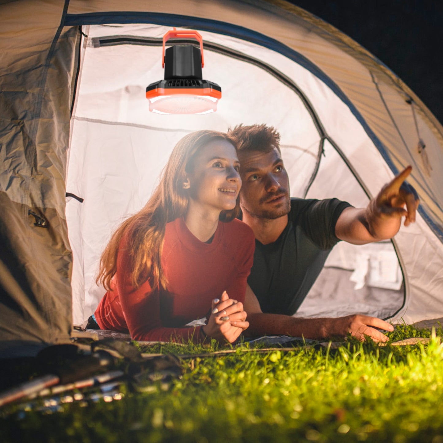 Portable Camping Lantern Fan - USB Rechargeable, 3 Wind & 4 Light Modes, Emergency Power Bank, Orange