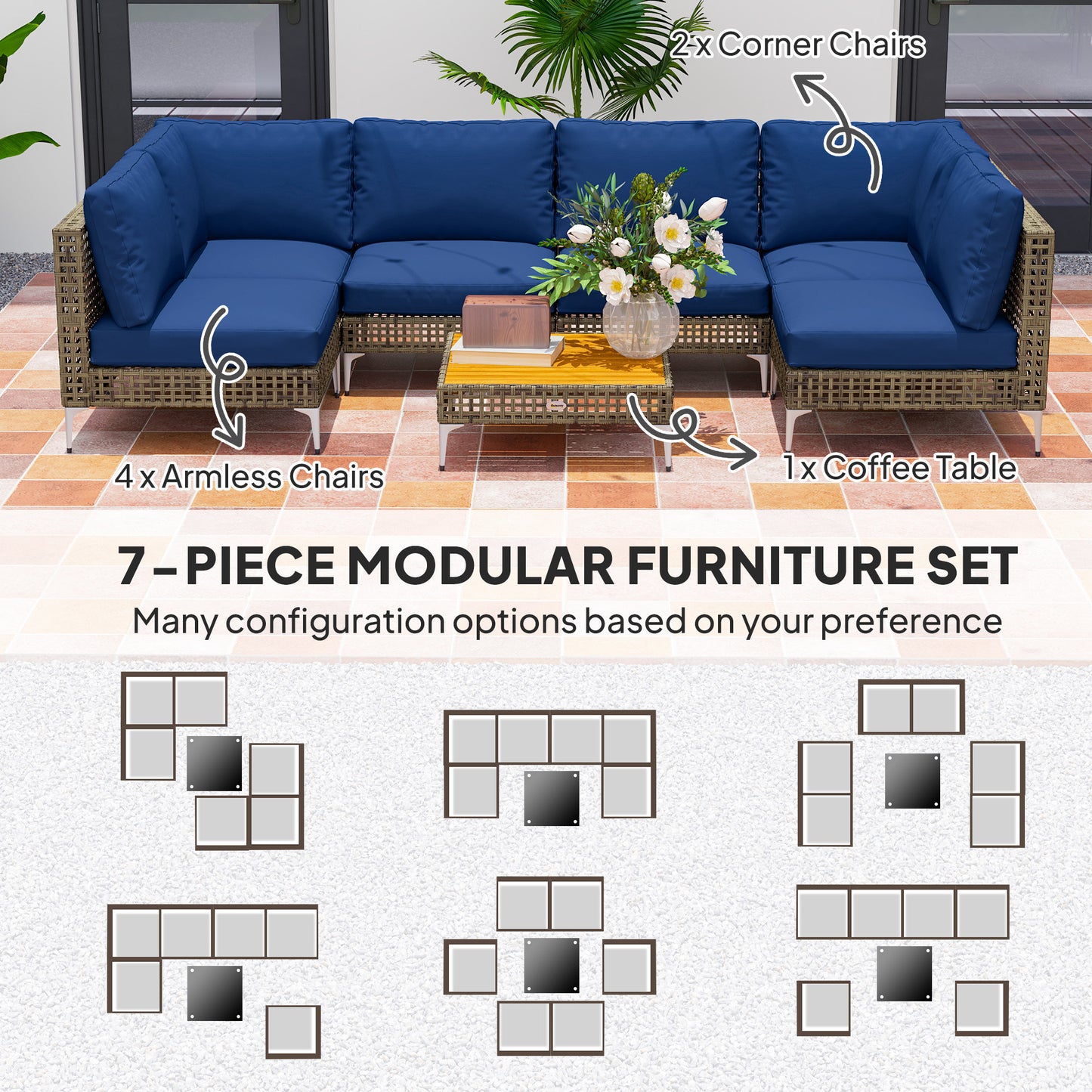 7-Piece Modular Wicker Patio Furniture Set with Cushions - Brown/Blue