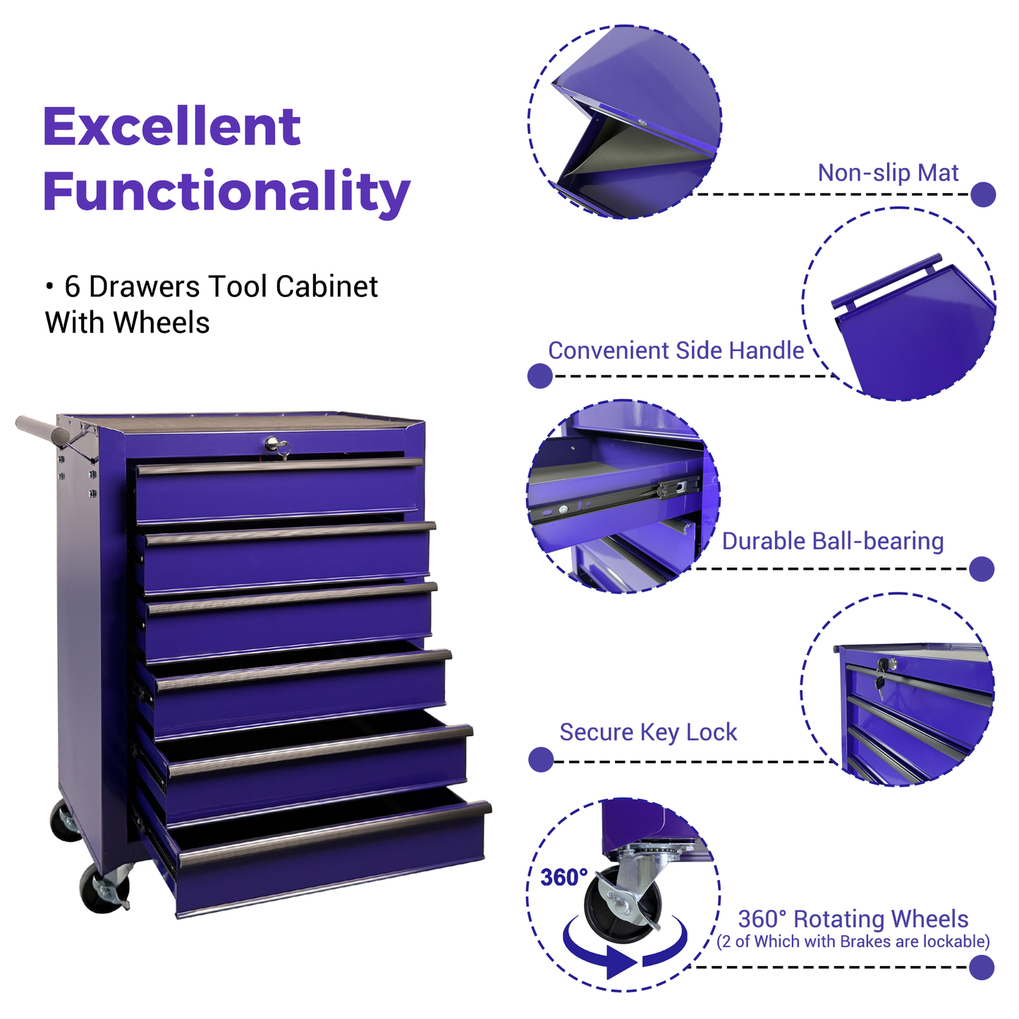 Rolling Metal Tool Chest with 6 Drawers - 20" Steel Storage - Purple