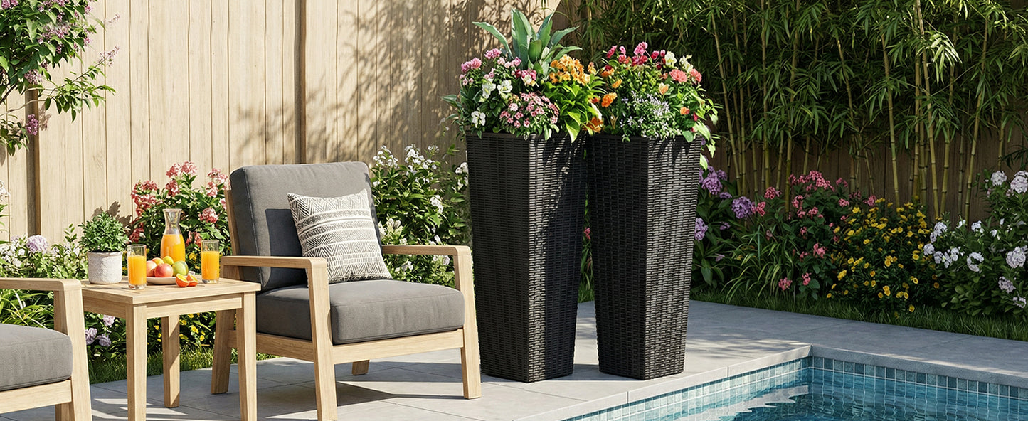 32-Inch Tall Resin Planter Set - Modern Rectangular Pots with Drainage