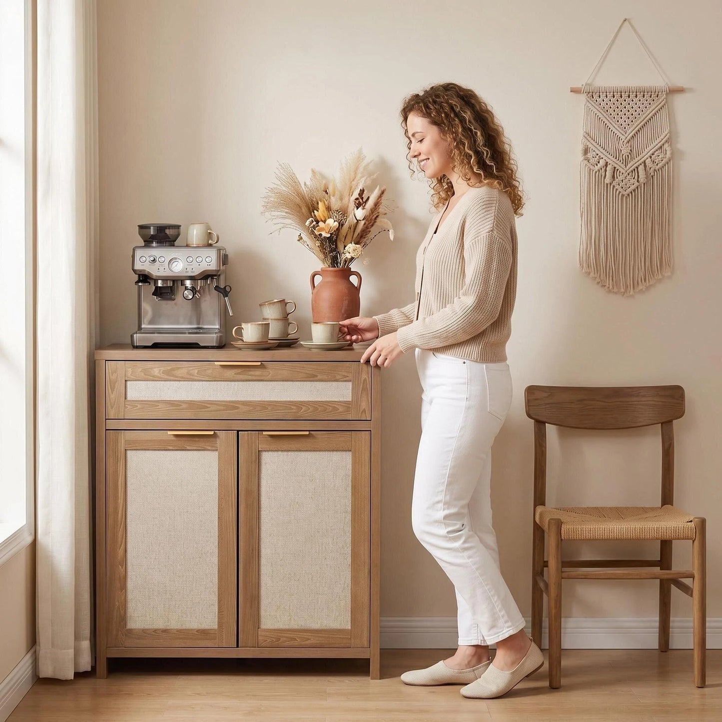 Rattan Sideboard Buffet Cabinet, Farmhouse Storage Cabinet With