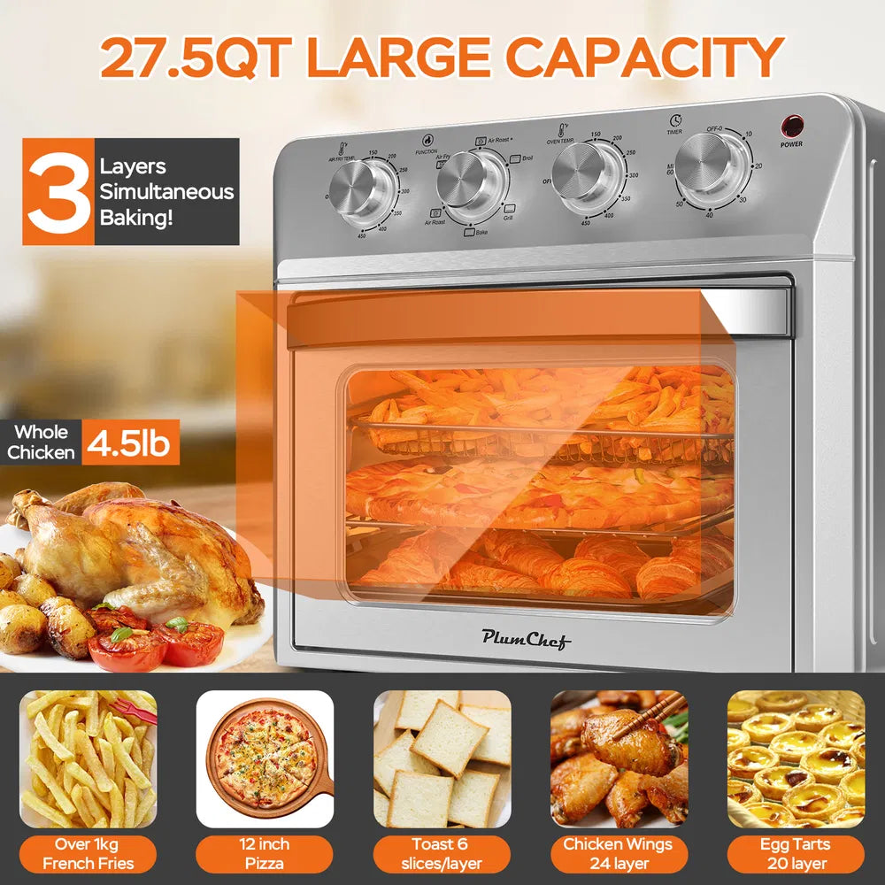 27.5QT 6-in-1 Air Fryer Toaster Oven with Drop-Down Door 1600W Stainless