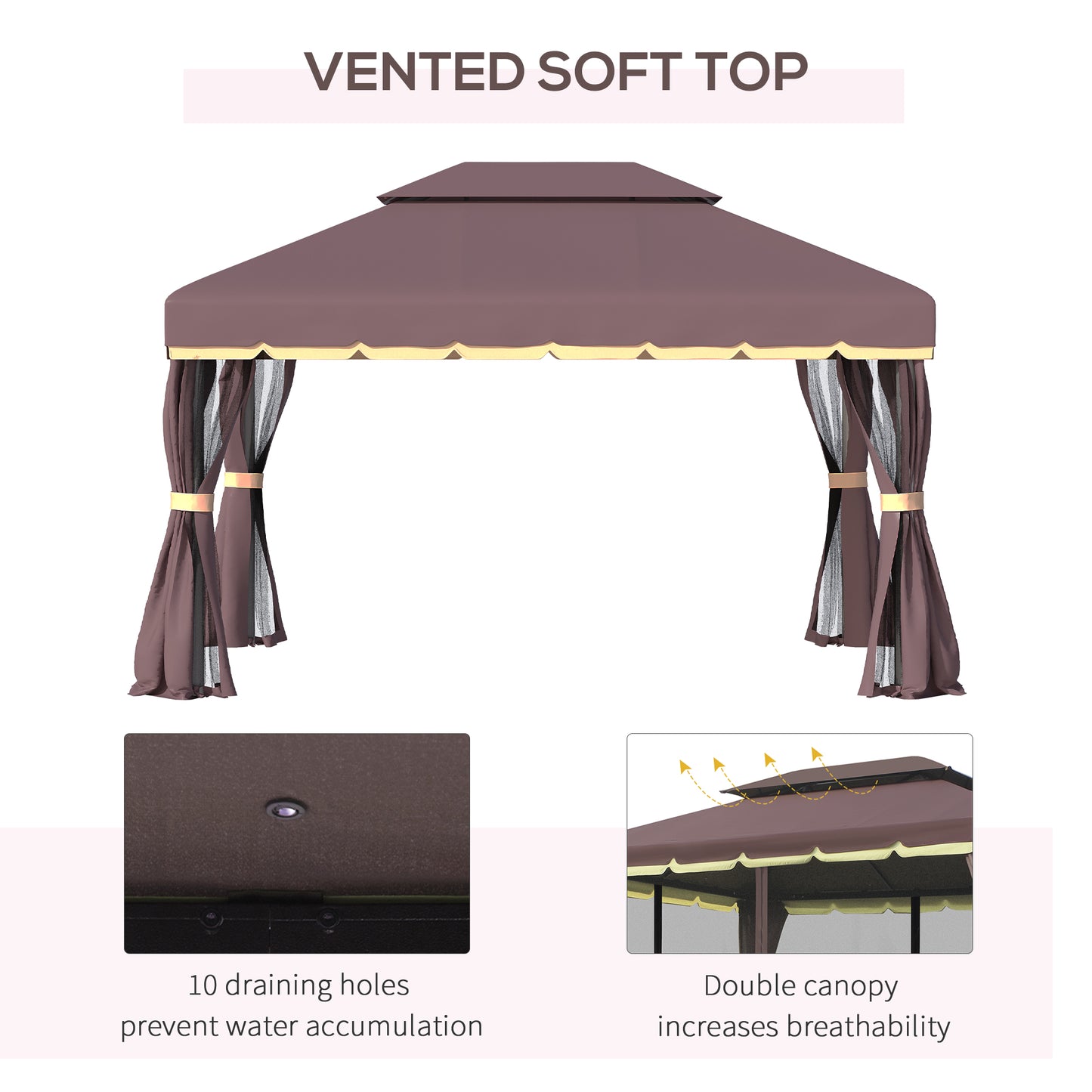 Outdoor Aluminum Frame Gazebo with Double Roof & Curtains - Coffee