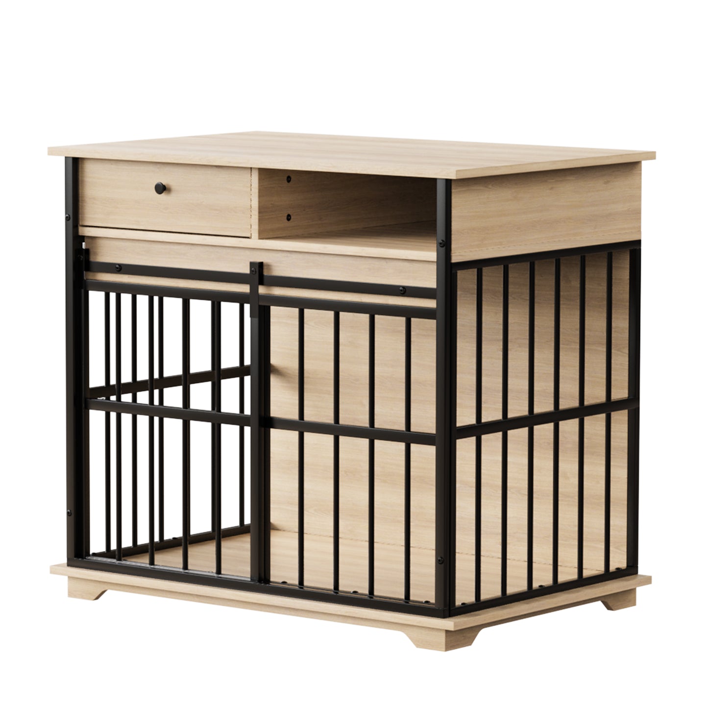 Large Wooden Dog Crate Furniture with Tray - Black Natural