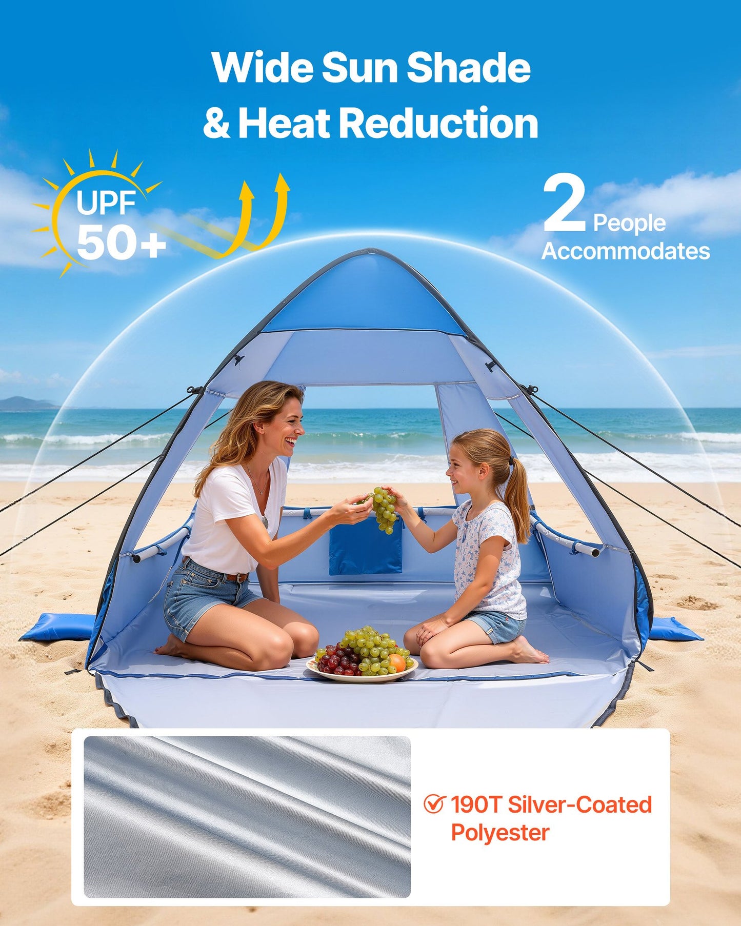2-Person Portable Beach Tent Sun Shelter UPF 50+ Canopy with Carry Bag & Sand Pockets