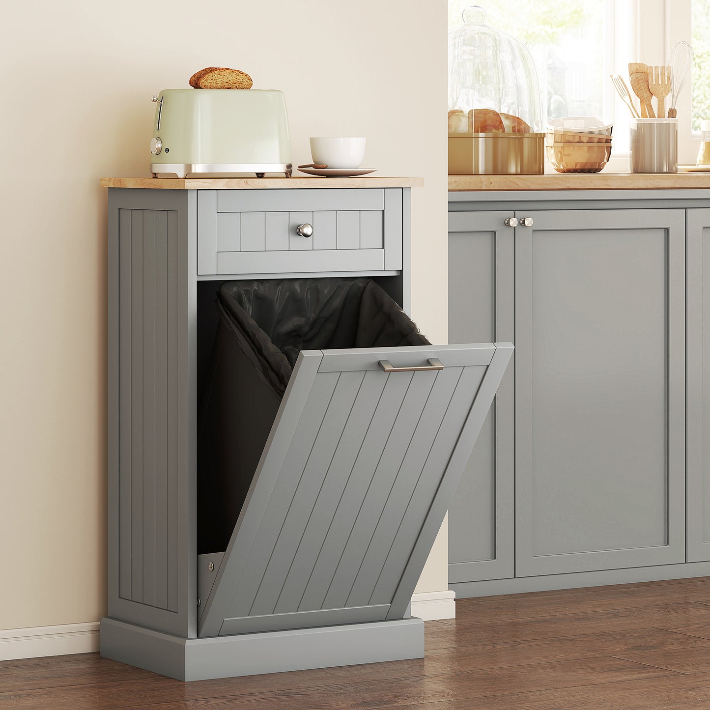 Tilt-Out Trash Bin Cabinet with Drawer - Gray Kitchen Organizer